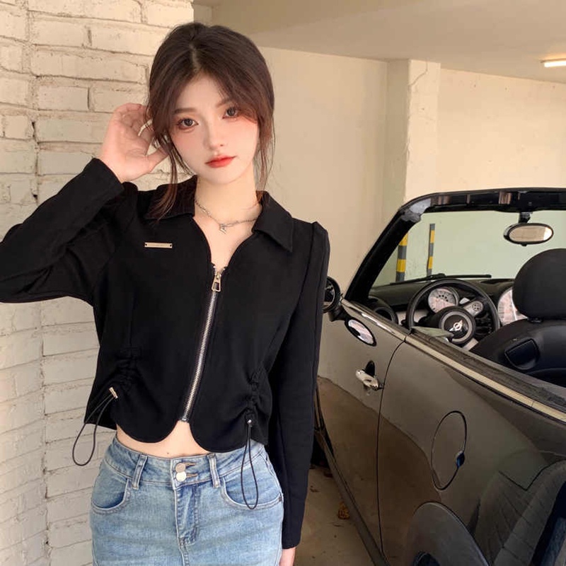 IELGYÁo Thun Lửng Tay Dài Cổ polo Phối Dây Rút Thời Trang Cho Nữ