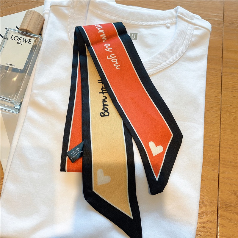 Băng Đô Cài Tóc / Khăn Choàng Cổ Bằng Lụa In Họa Tiết Trái Tim / Chữ Thắt Nơ Cầm Tay Trang Trí Túi Xách