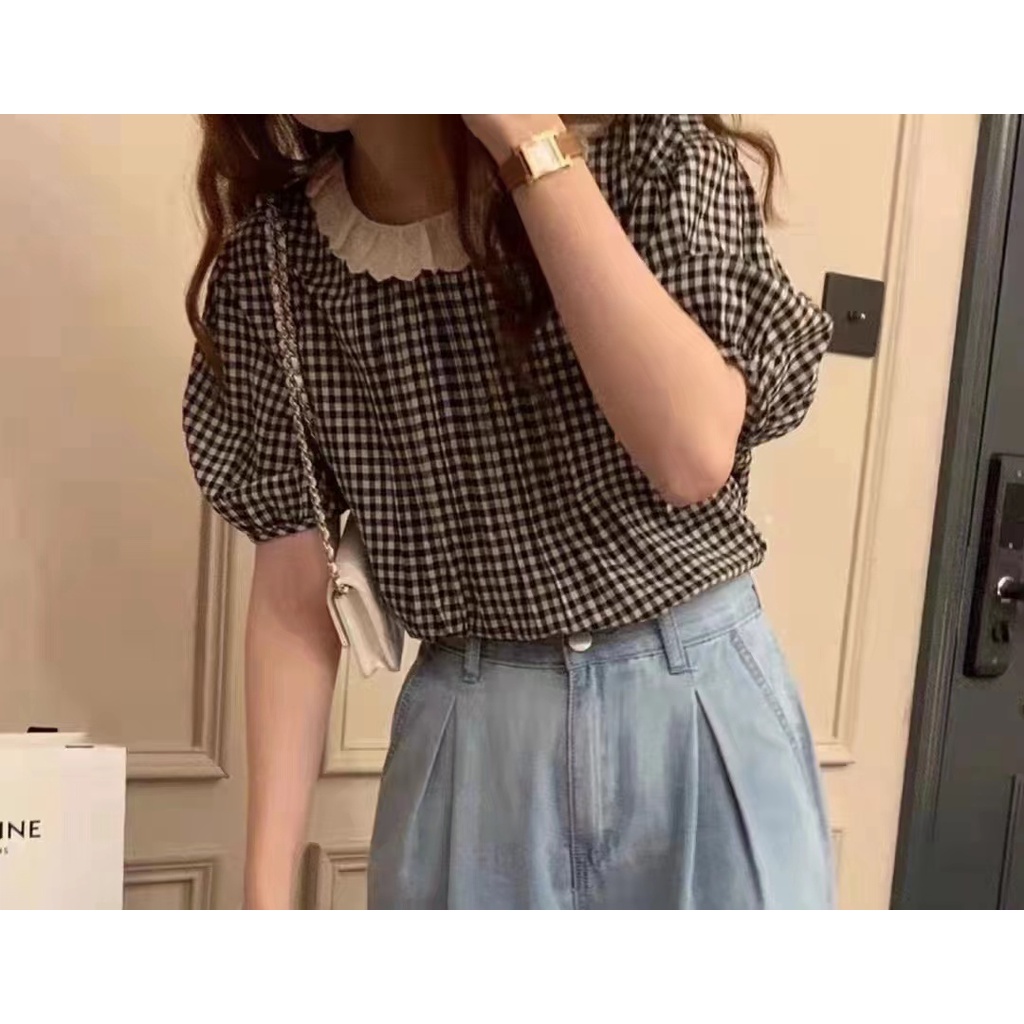 Áo Sơ Mi Tay Ngắn Phồng Kẻ Sọc Caro Trẻ Trung Thời Trang Xuân Hè Phong Cách Hàn Quốc 2023