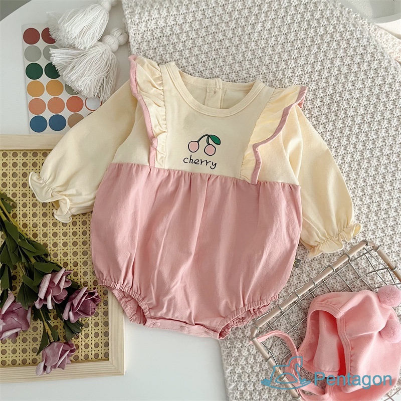 Bộ Áo Liền Quần Tay Dài Cổ Tròn In Họa Tiết Cherry Dễ Thương Thời Trang Cho Trẻ Sơ Sinh