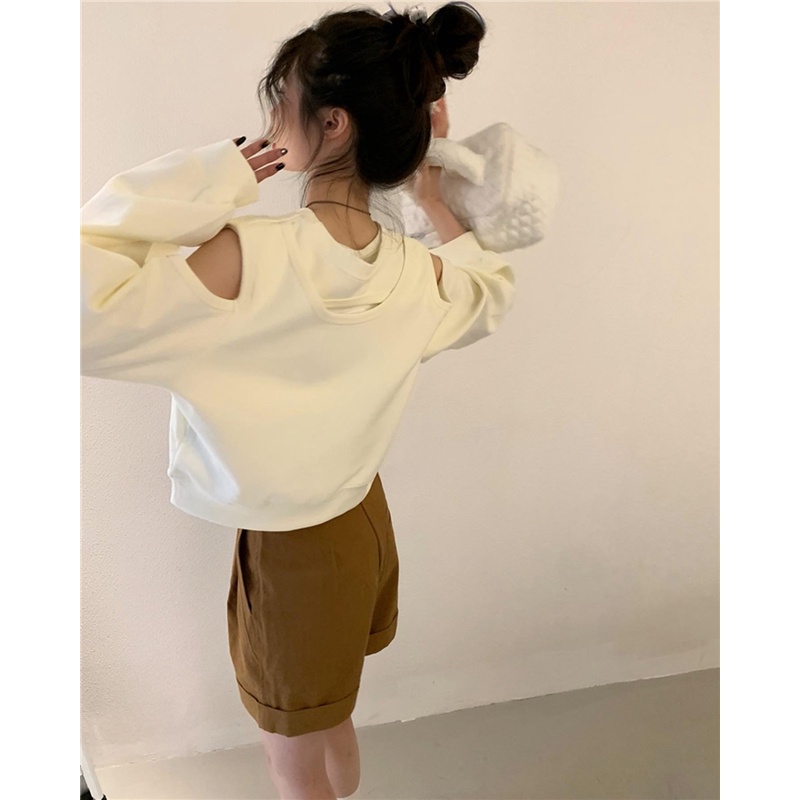 QOEDDV Áo sweater tay dài cổ tròn thiết kế hở vai phong cách Hàn Quốc thời trang dành cho nữ