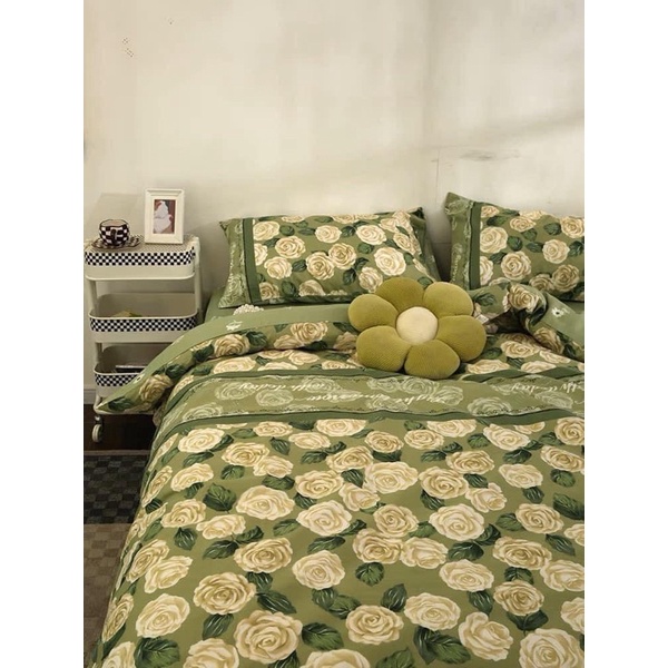 Set chăn ga 4 món cotton living hoa hồng xanh