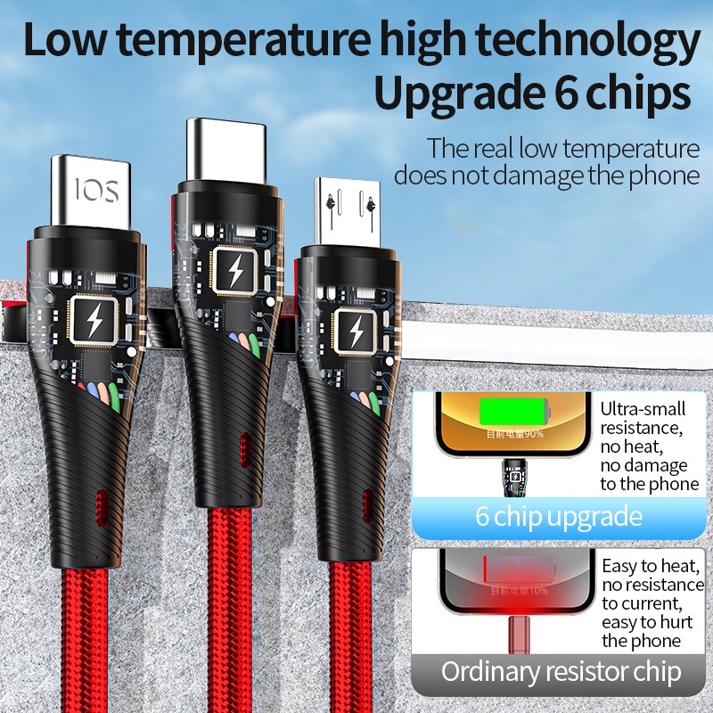 Dây Cáp Sạc Nhanh 3 Trong 1 100W 6A Dành Cho Điện Thoại Iphone