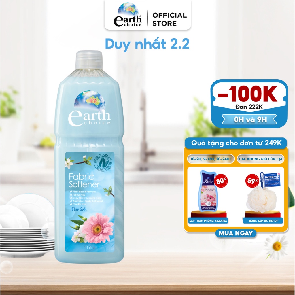 Nước Xả Vải EARTH CHOICE Dành Cho Vải Thường, Hương Cúc Đồng Tiền Thanh Mát Nhẹ Nhàng Nhập Khẩu Úc Dung Tích 1L
