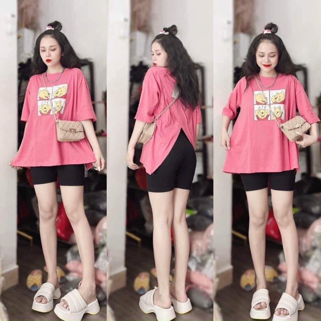 [3.3 Sales Freeship] Set áo thun from rộng in gấu xẻ lưng phối quần lửng, set bộ ngố in hình nhiều màu dễ thương mtb