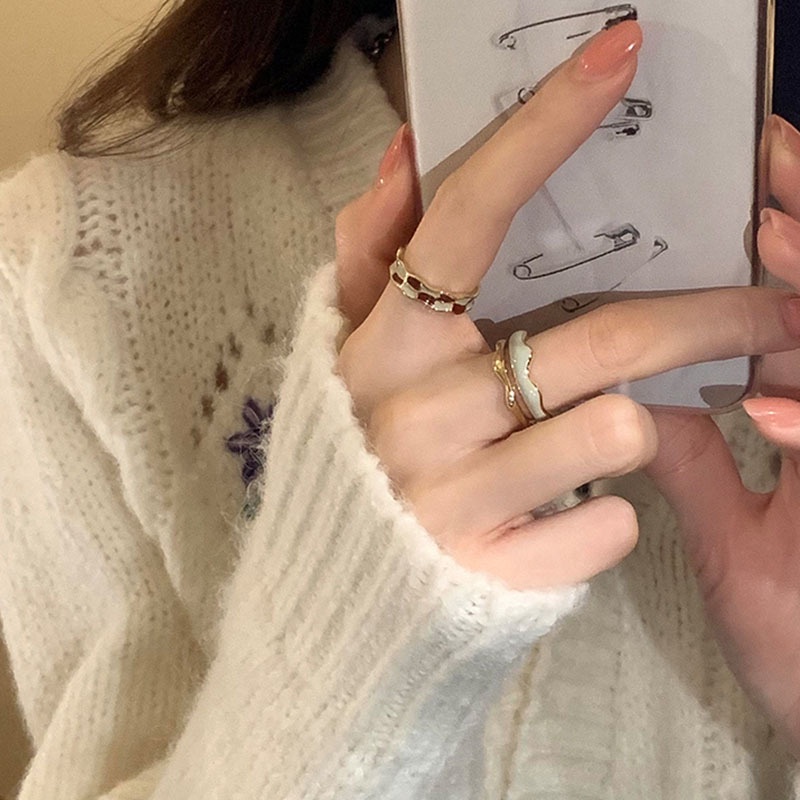 Nhẫn AY dạng hở điều chỉnh được hai lớp đính đá nhân tạo kiểu giọt nước phong cách retro thời trang cho nữ