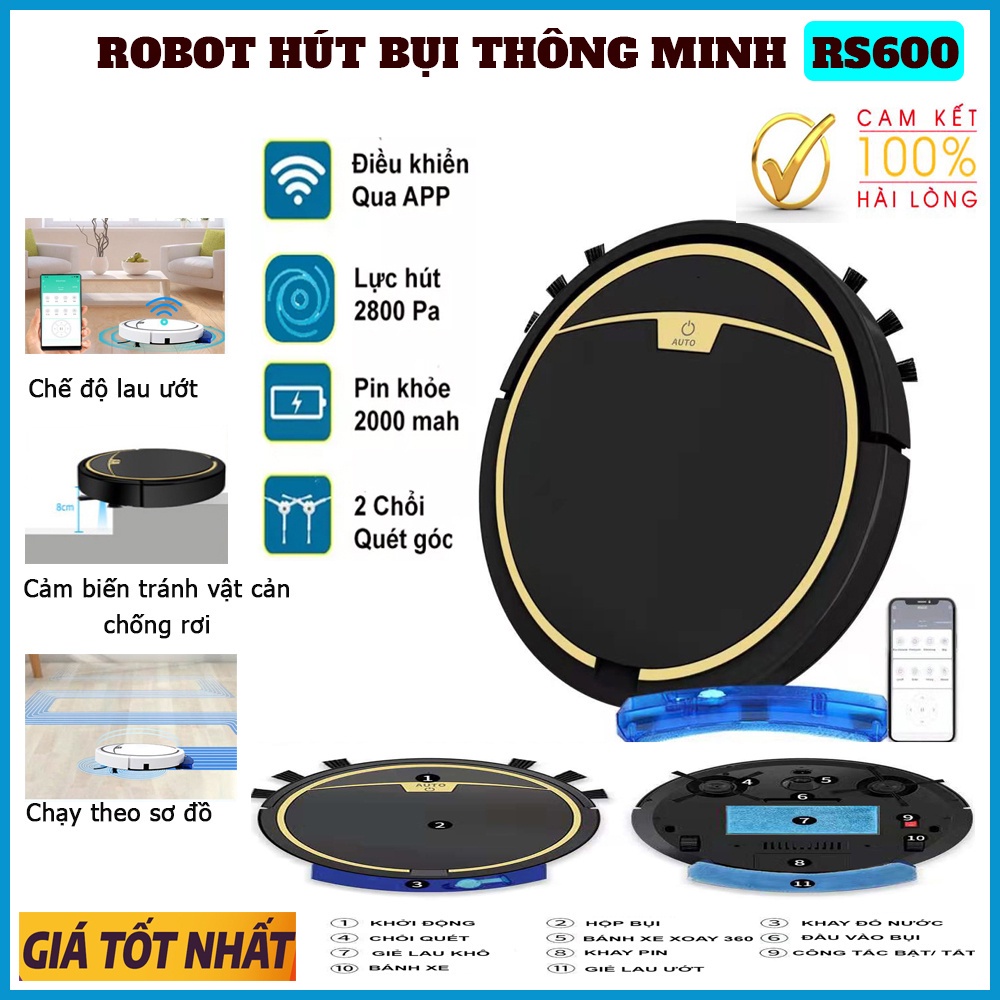 [SIÊU SALE] Máy Hút Bụi Thông Minh RS600. Robot Hút Bụi ĐK qua APP điện thoại, lực hút mạnh,Làm việc theo sơ đồ.