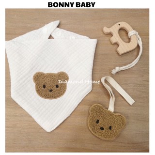 Yếm cổ tam giác Xô Muslin, Cotton gấu thêu cho bé