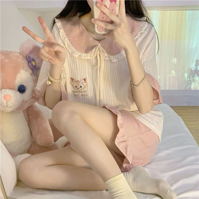 Bộ đồ ngủ phong cách công chúa nữ mùa hè ngắn tay búp bê cổ áo diềm xếp nếp ngọt ngào dễ thương bộ đồ phục vụ mặc nhà