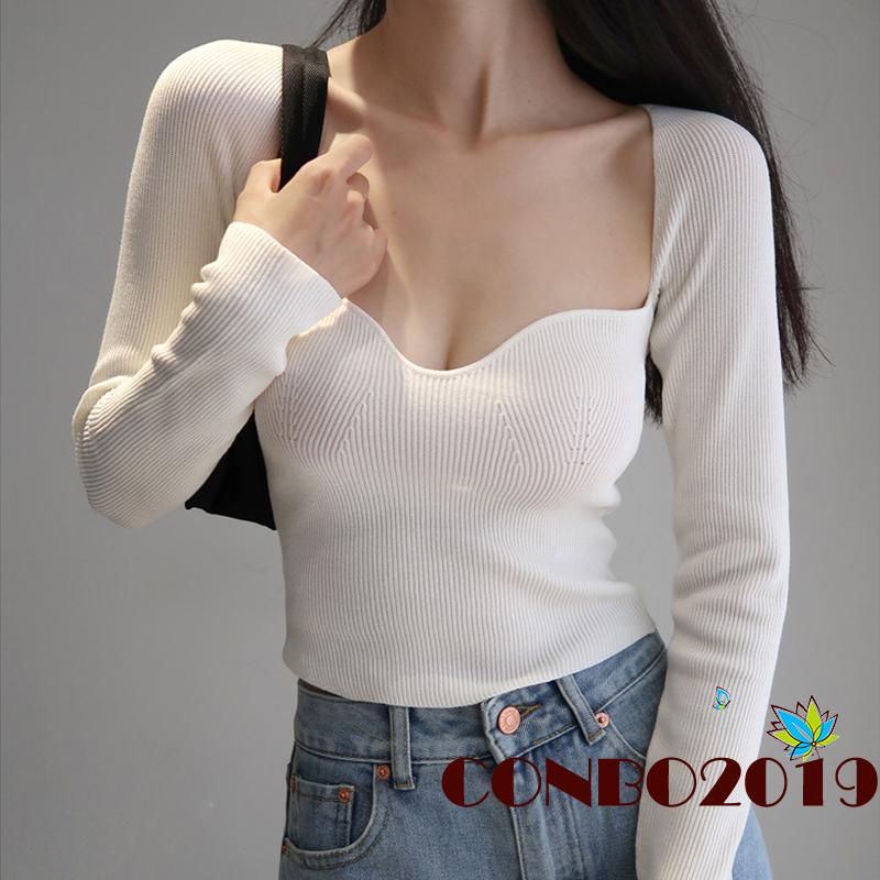 Áo Croptop Dệt Kim Tay Dài Màu Sắc Đơn Giản Cho Nữ