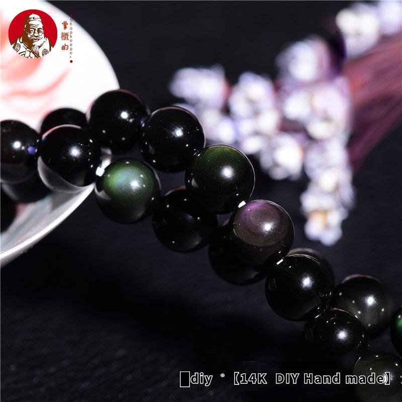 Chuỗi Hạt Đá Obsidian Tự Nhiên Màu Đen Cầu Vồng Dùng Làm Trang Sức DIY
