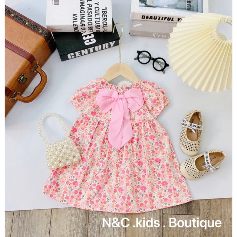 Váy hoa nhí bé gái nơ ngực tay bồng chất thô hàn đẹp mát