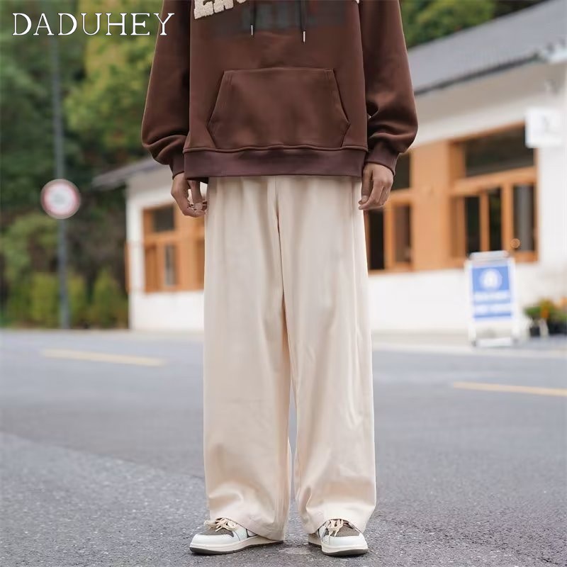 DaDuHey Men's 2023 New Solid Color Casual Pants Hong Kong Style Baggy Straight Pants