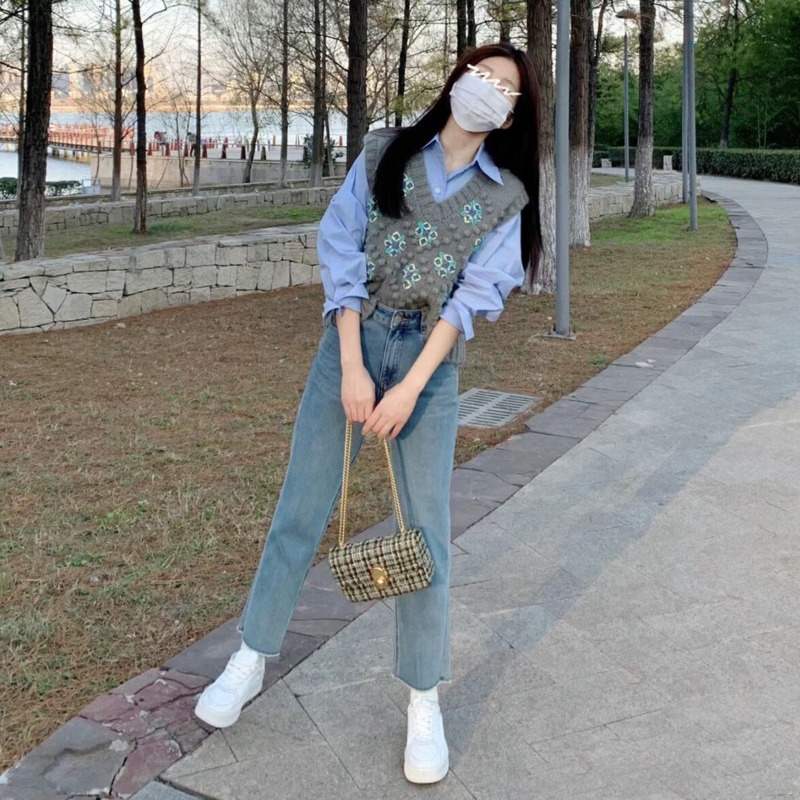 Áo Sweater Dệt Kim Sát Nách Cổ v Kiểu Retro Hàn Quốc Thời Trang Mùa Thu Năng Động