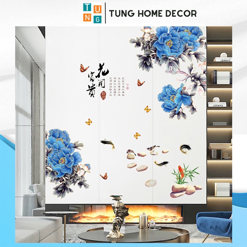 Decal dán tường hàn quốc trang trí phòng ngủ TUNG DECOR SK9387 Hoa Mẫu Đơn Xanh