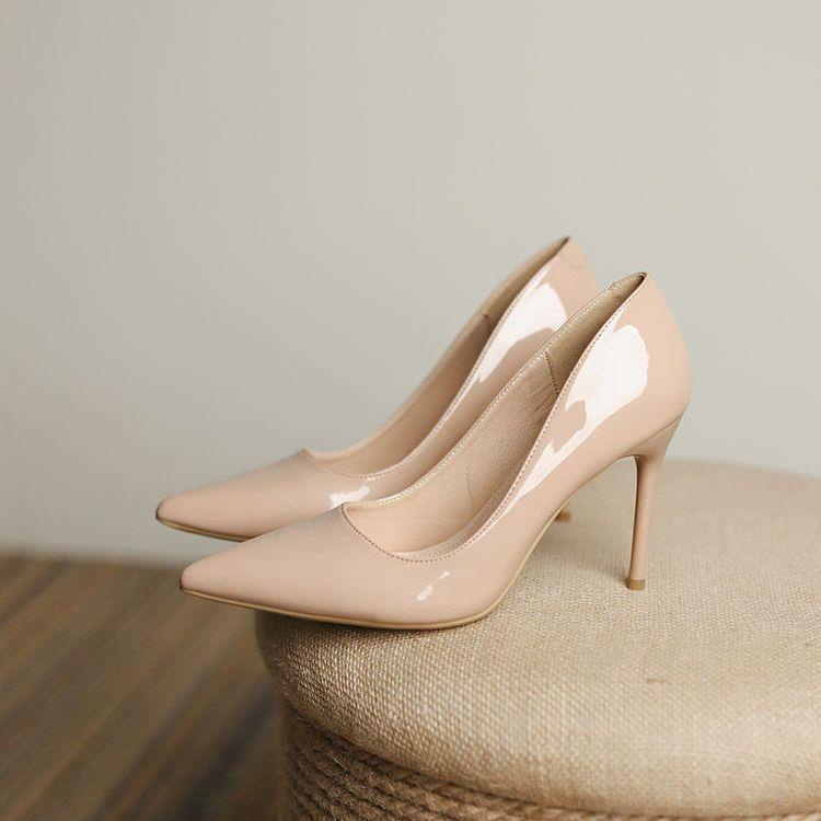 Giày Cao Gót Da Mũi Nhọn Màu Đỏ Rượu Vang Phong Cách Pháp Cho Nữ