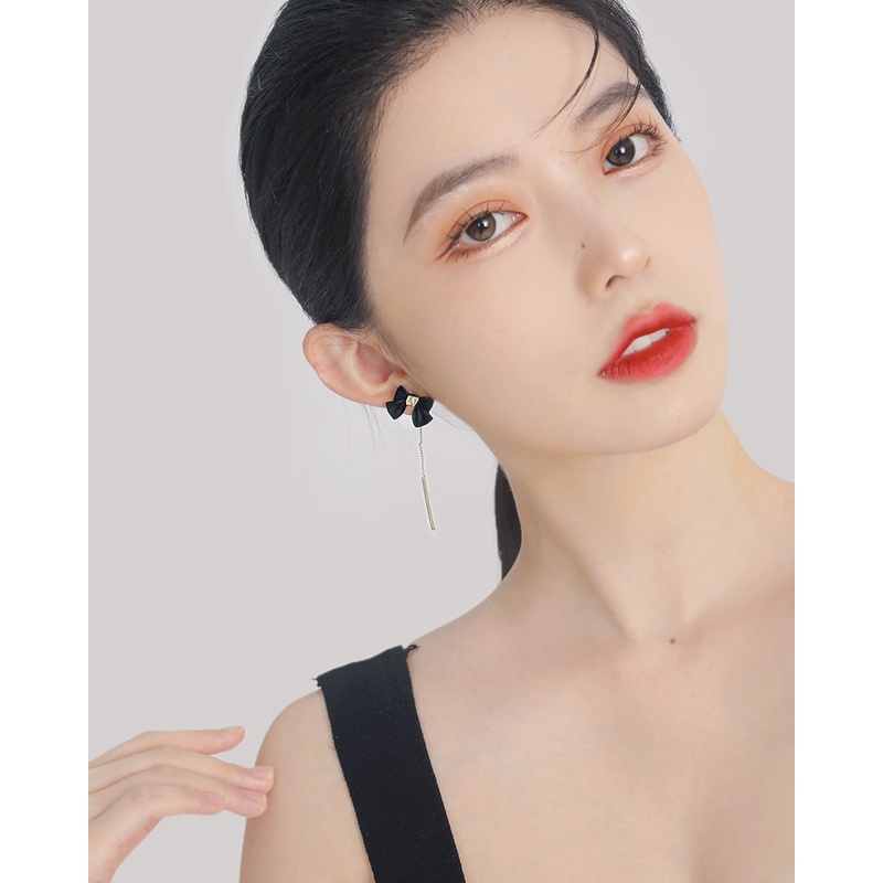 Bông Tai Mạ Bạc 925 Dáng Dài Đính Nơ Tua Rua Màu Đen Phong Cách Hàn Quốc Thời Trang 2023 Cho Nữ