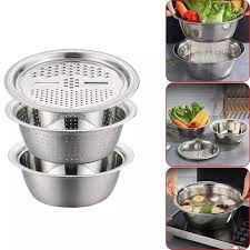 Bộ rổ bào rau củ inox 28cm - bộ thau rổ bào rau củ inox không rỉ 3 món – dụng cụ thái cắt rau củ