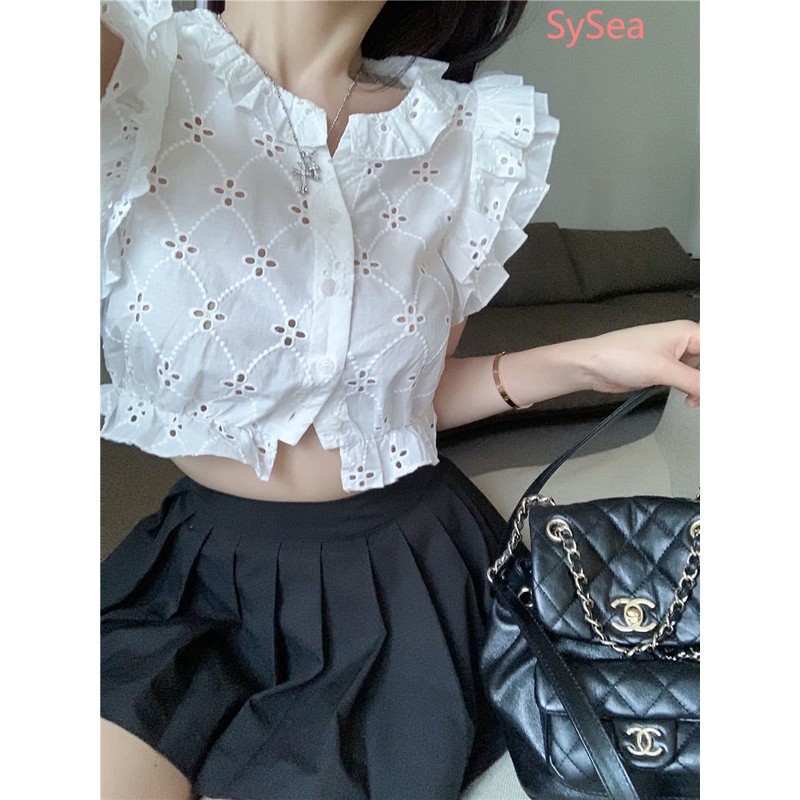 Áo Croptop Cổ Thuyền Phối Bèo Thời Trang Mùa Hè Cho Nữ