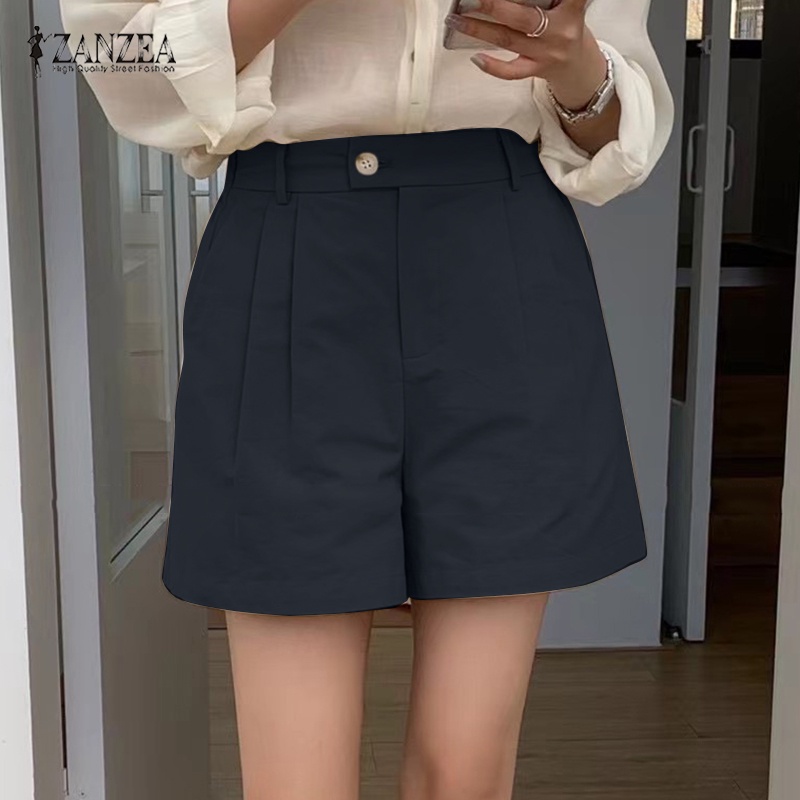 Quần short ZANZEA lưng cao co giãn màu trơn thời trang Hàn Quốc cho nữ