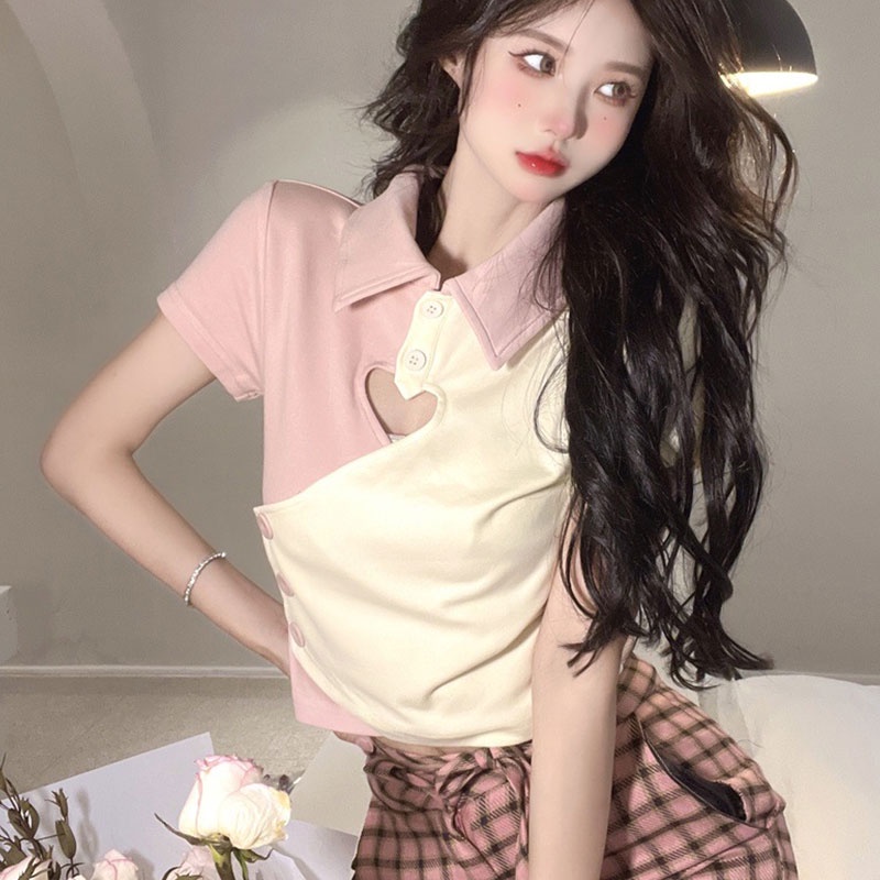Áo polo Tay Ngắn In Hình Trái Tim Khoét Lỗ Thời Trang Cho Nữ