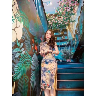 Đầm sườn xám trung hoa tay ngắn dáng ôm in hoạ tiết thời trang - 78275