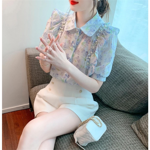 Áo Sơ Mi Chiffon Ngắn Tay Dáng Rộng Họa Tiết Hoa Phong Cách Vintage Cho Nữ