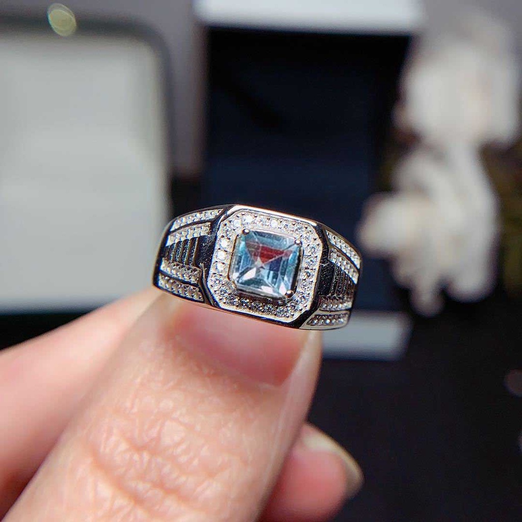 Nhẫn Cưới Mạ Bạc 925 Đính Đá Zircon Xanh Dương Nhạt Thời Trang Cho Nam