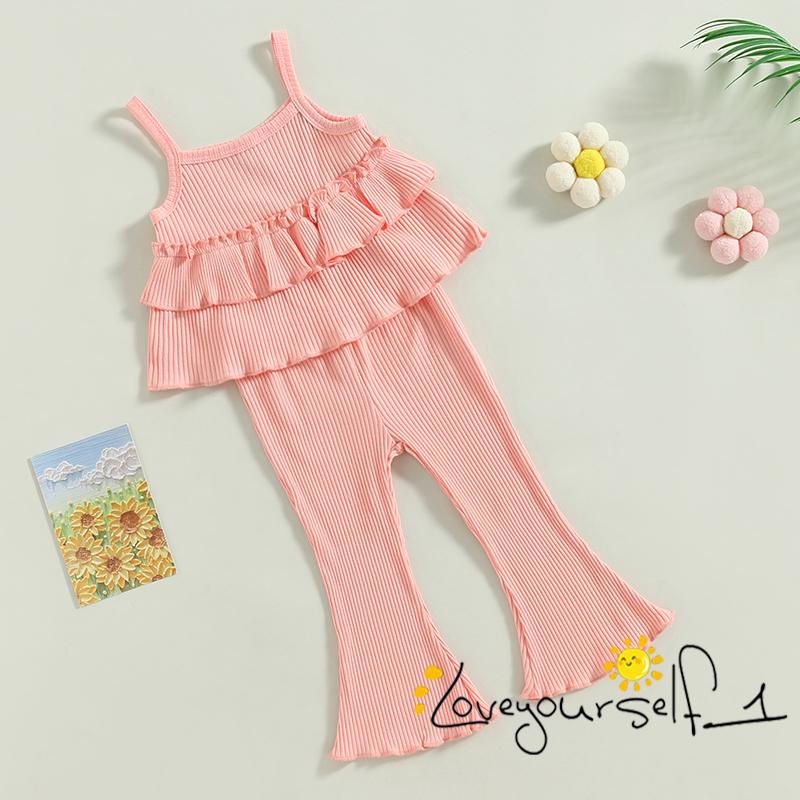 Bộ Áo Hai Dây Nhiều Lớp Phối Bèo + Quần Ống Loe Màu Trơn Thời Trang Mùa Hè Cho Bé Gái B930G