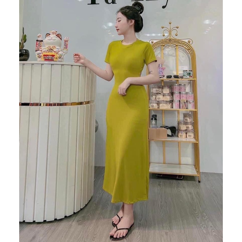 [3.3 Sales Freeship] Đầm thun trơn cổ tròn dáng dài hở lưng cột dây, đầm thun basic tay ngắn nhiều màu sắc đơn giản mtb