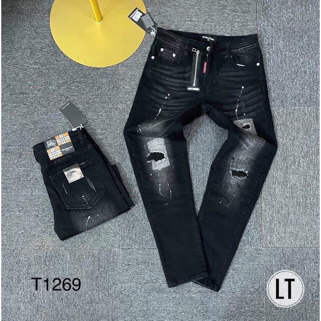 Quần Jean Nam Màu đen kiểu rách khoá kéo lệch vẩy sơn chất vải denim, Quần bò nam ống côn nam đẹp SOLOShop ms1269