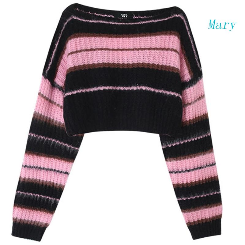 Áo Croptop Dệt Kim Họa Tiết Kẻ Sọc Đen Hồng Thời Trang Cho Nữ