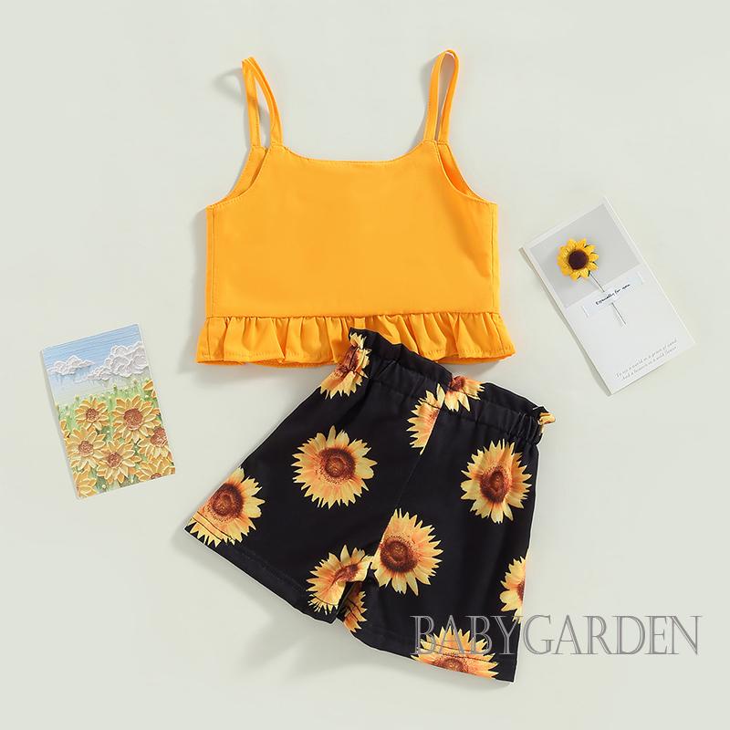 Bộ Áo Hai Dây Cài Nút + Quần Short Họa Tiết Hoa Hướng Dương Thời Trang Mùa Hè Cho Bé Gái 1-6 Tuổi
