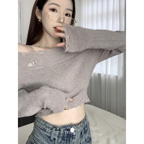 (Sẵn - Ảnh thật) ÁO CROPTOP LOGO PURE KIM LOẠI CHẤT LEN GÂN A122 | Sugarblingbling
