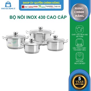 Bộ nồi inox Fivestar 3 đáy 4 món nắp kính - dùng được bếp từ - bảo hành 5 năm