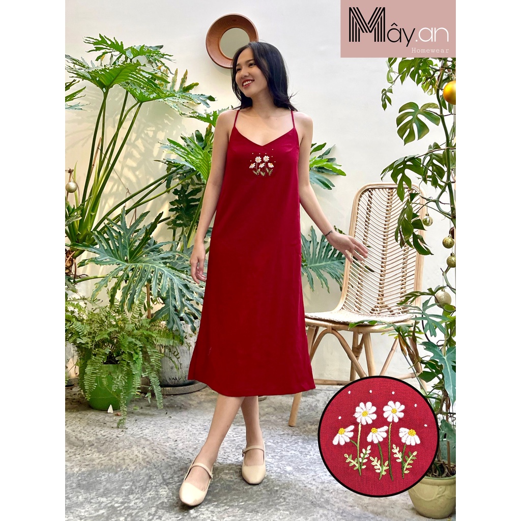 Đồ mặc nhà Mây Đầm 2 dây họa tiết thêu tay linen