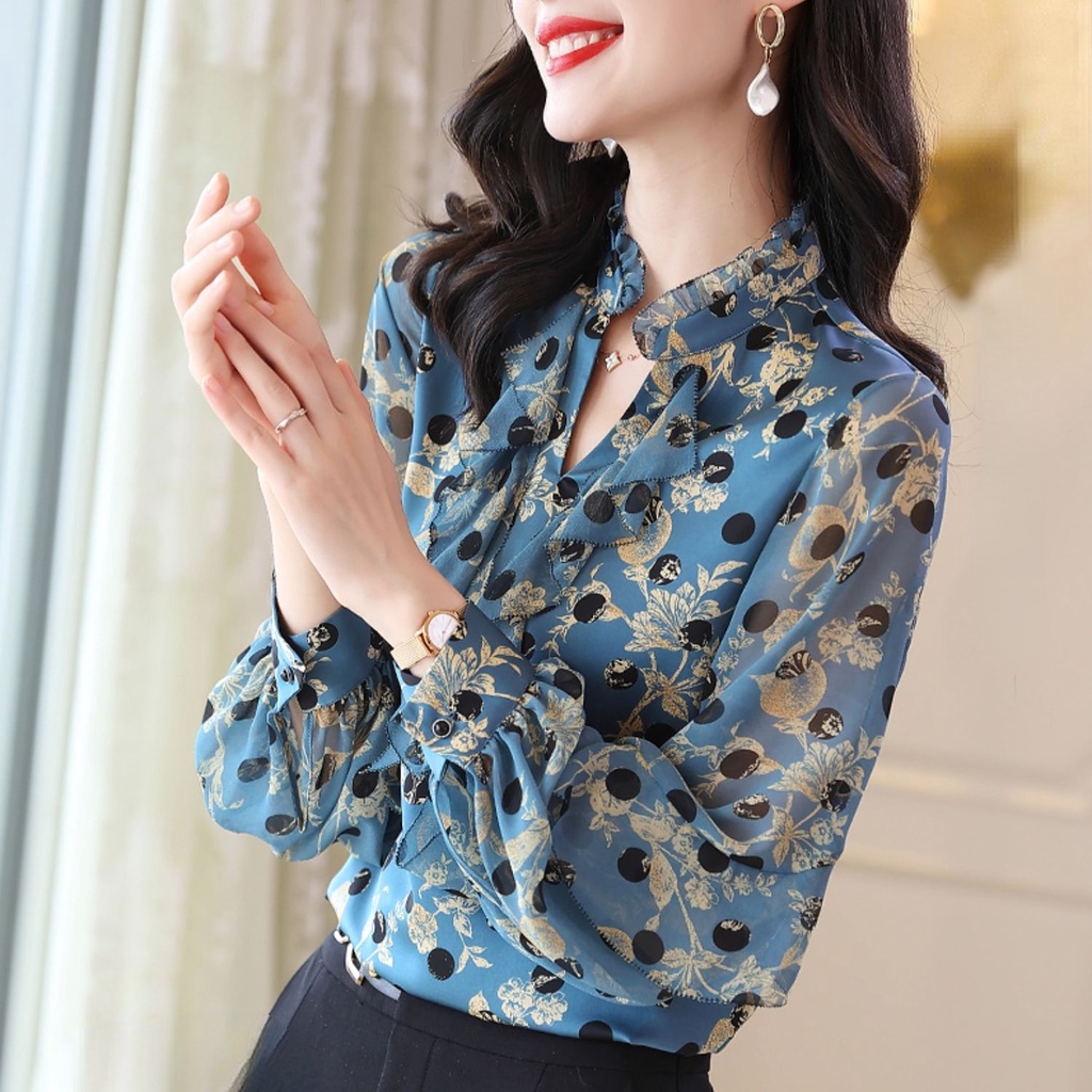 Áo Sơ Mi Lụa Mulberry Tay Dài Cổ Đứng In Họa Tiết Đơn Giản Đa Năng Phong Cách Mới Mùa Xuân Cao Cấp Cho Nữ