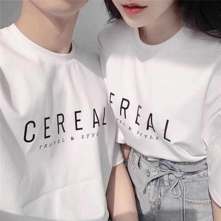 Áo Thun Cặp Tay Lỡ Nam Nữ In Chữ Đơn Giarn CEREAL phối quần jean đẹp