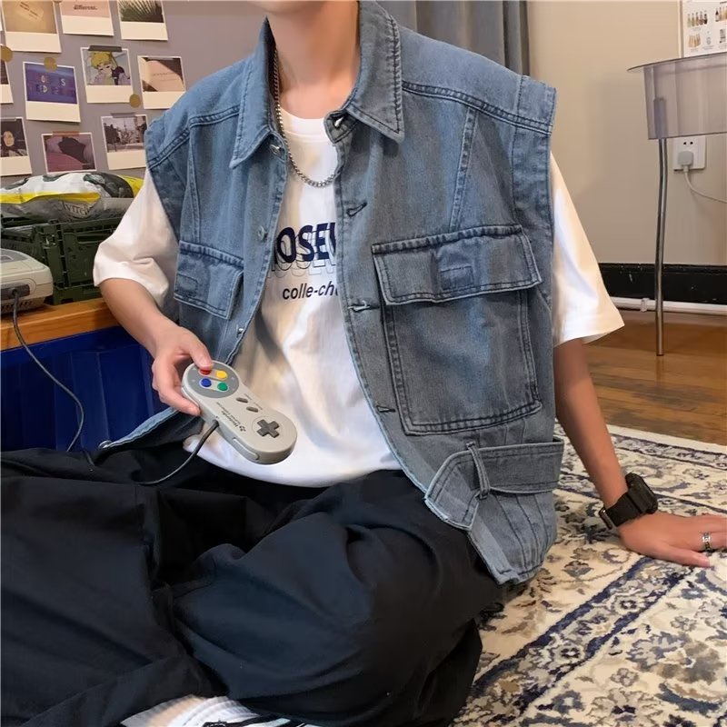 Áo khoác denim không tay phong cách Hồng Kông cho nam