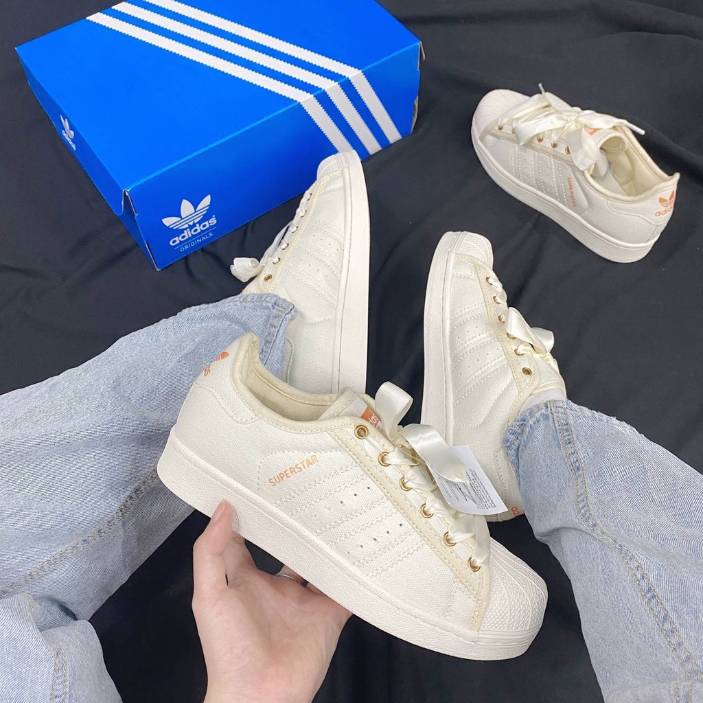 Giày Thể Thao. Giày Sneaker Supter Star Mũi Sò Cream Dây Lụa Kèm Hộp Bảo Vệ