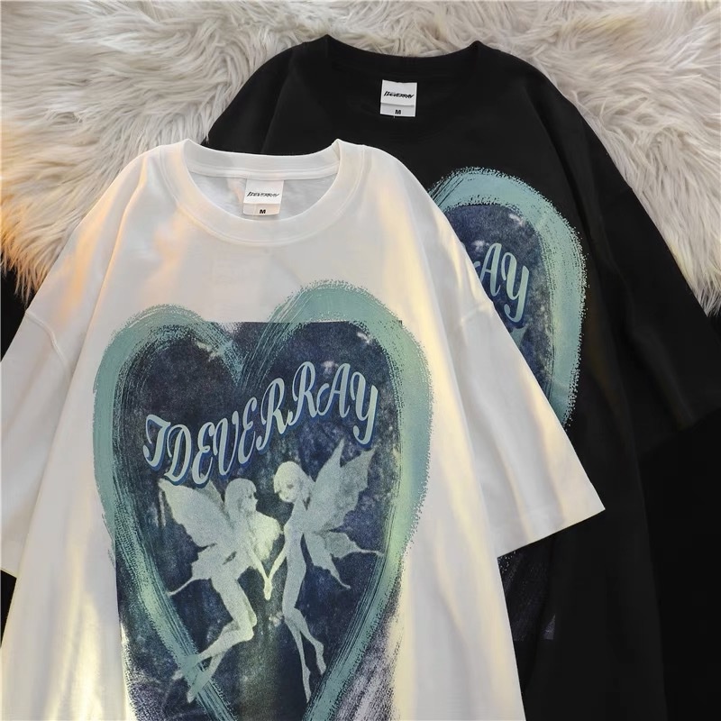 IELGY  Áo Thun Dáng Rộng Họa Tiết Trái Tim Dễ Phối Đồ Cho Nữ