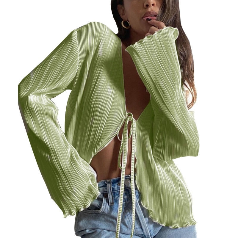 Xiangbao Áo Khoác Cardigan Trơn Tay Loe Dài Xếp Ly Cổ Chữ V Mở Phía Trước Tự Cột Dây Kiểu Pháp Thời Trang Mùa Hè