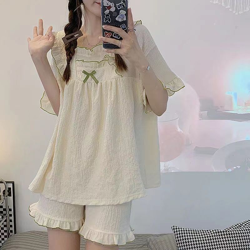 Bộ Đồ Ngủ Tay Ngắn Chất Cotton Mỏng Nhẹ Đính Nơ Thời Trang Mùa Hè Xinh Xắn Cho Nữ