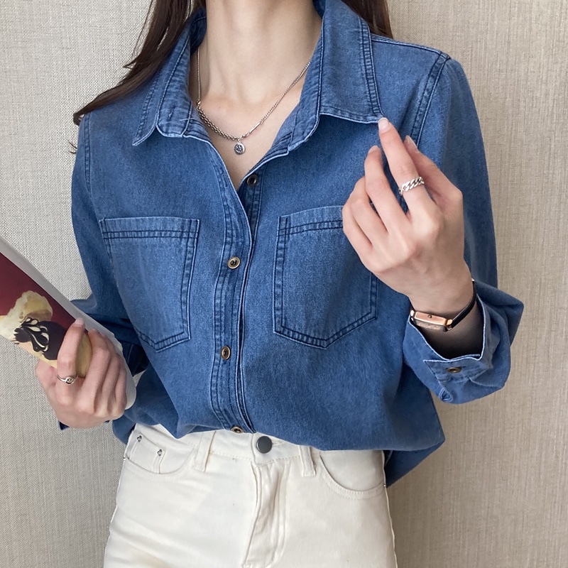 Áo sơ mi denim SUXI tay dài dáng rộng màu trơn phong cách cổ điển dễ phối đồ thời trang mùa xuân