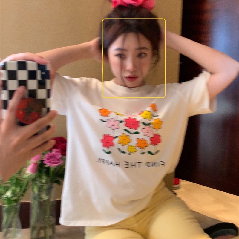 IELGY   Áo Thun Tay Ngắn In Hình Hoa Dễ Thương Dành Cho Nữ