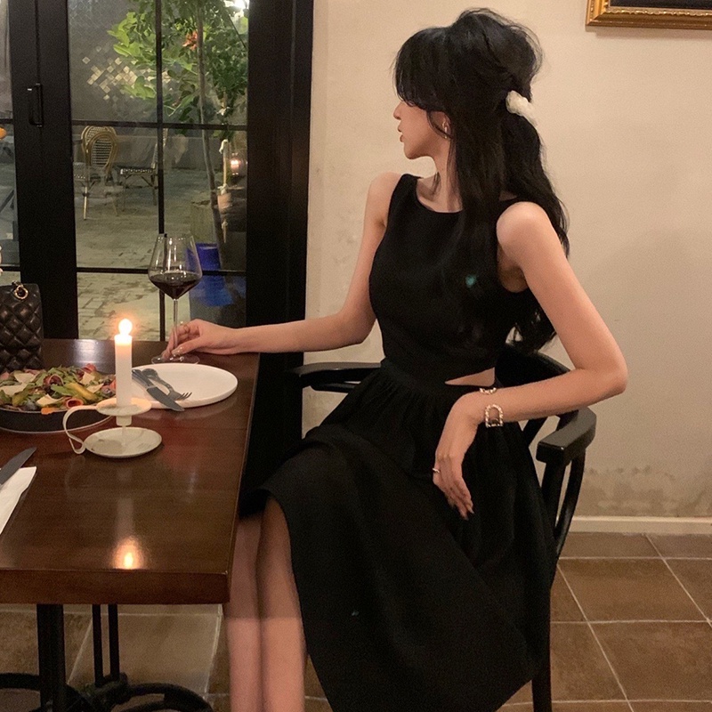 IELGY  Đầm Không Tay Hở Vai Phong Cách hepburn Cao Cấp Dành Cho Nữ