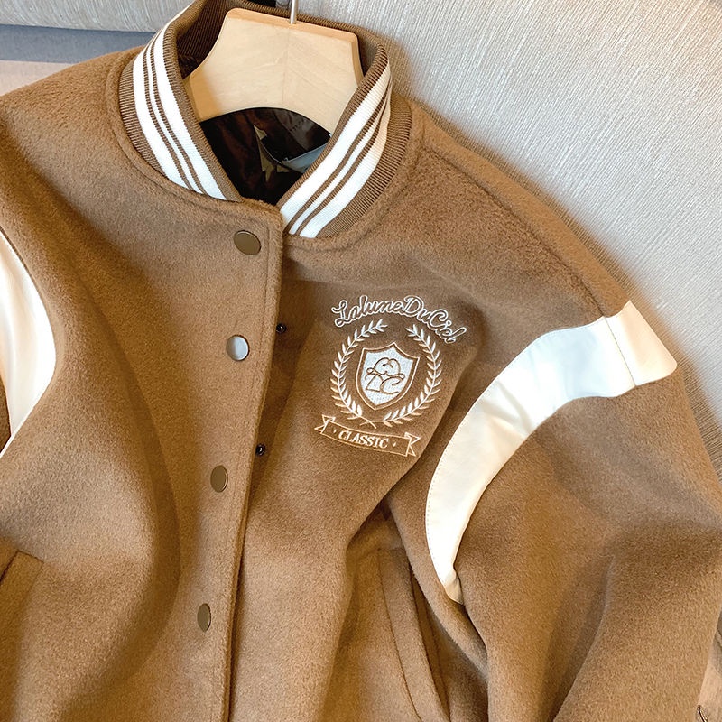 Áo Khoác Bóng Chày Dày Dặn Thêu Họa Tiết Phong Cách Retro Mỹ Cho Nữ