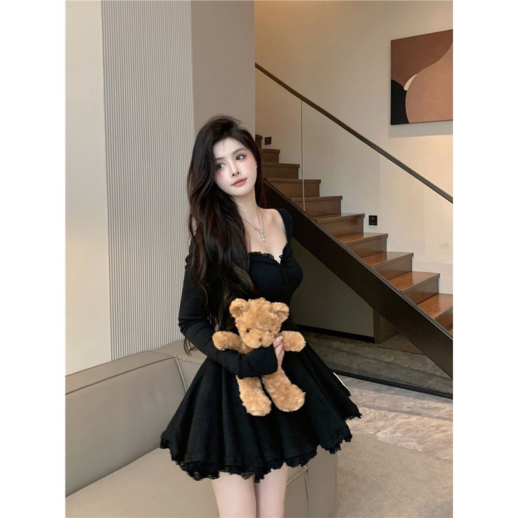 COZOK Đầm Tay Dài Dáng Ôm Phối Dây Thắt Eo Thời Trang Quyến Rũ Cho Nữ