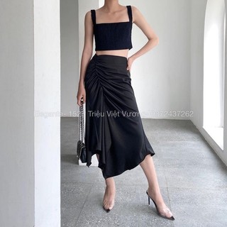 Chân váy lụa nhún bên Elegante 77180101 màu đen, be