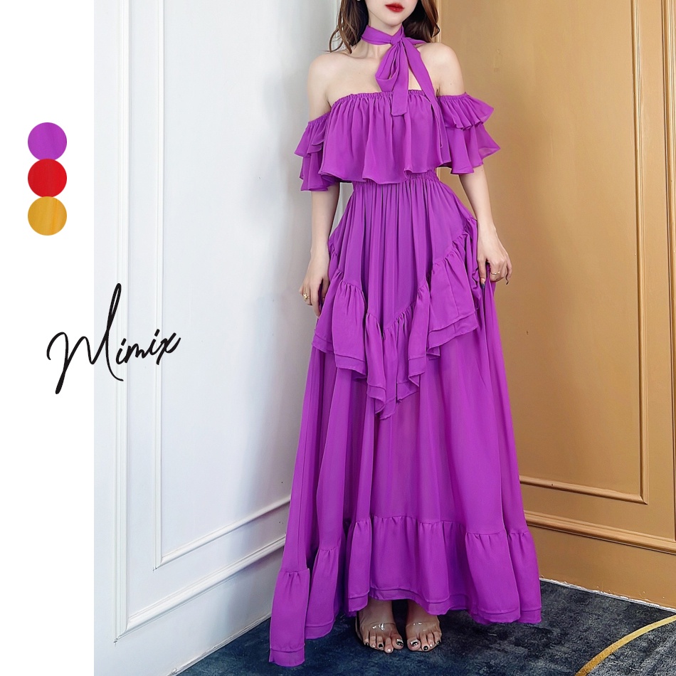 Đầm maxi trơn nữ bèo tầng voan tơ sóng MIMIX CR7250